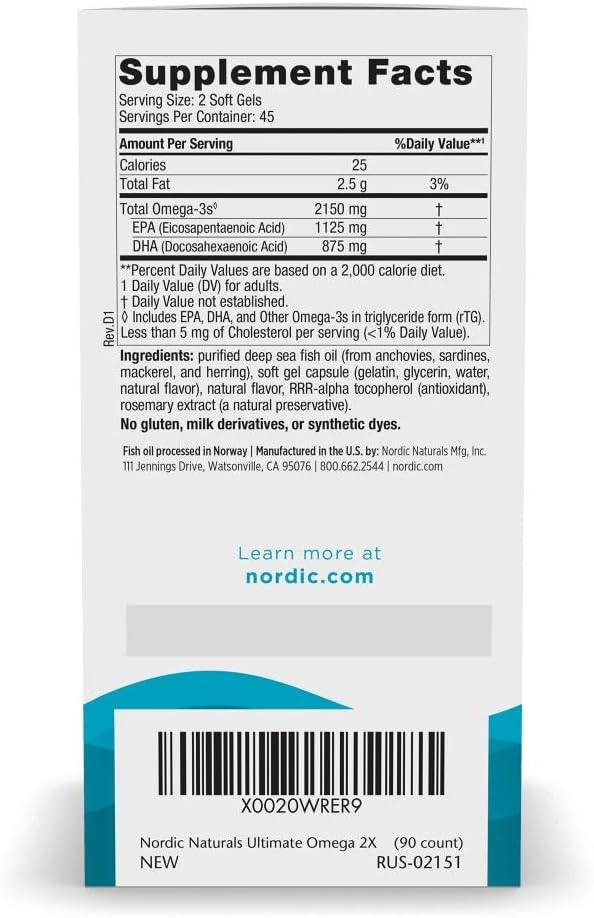 Nordic Naturals Ultimate Omega 2X, Lemon Flavor - 90 Soft Gels - 2150 mg Omega